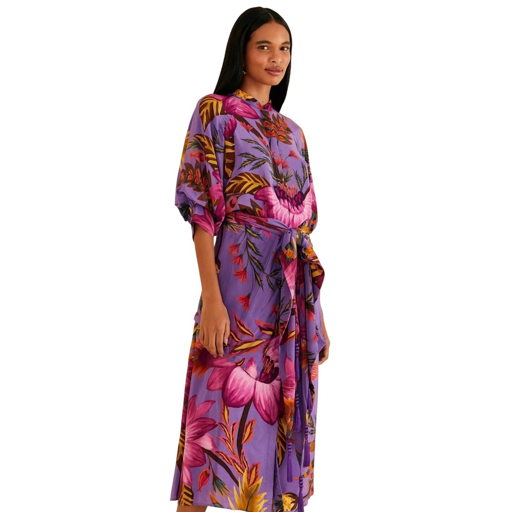 FARM RIO Purple Maxi Flowers Floral Puff Sleeve Tie Waist Dress Small S Tropical